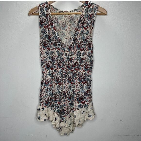 Billabong Cream Dusty Blue & Red Faux Wrap Deep-V Ruffle Hem Sleeveless Romper M - Picture 3 of 16